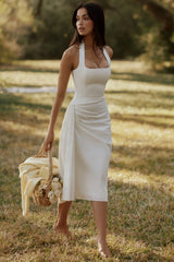 White Halter Neck Cotton Midi Dress