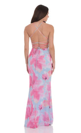 Floral Open Back Maxi Dress in Blue and Pink