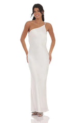 One Shoulder Pearl Satin Maxi Dress in White