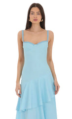 Long Ruffle Maxi Dress in Light Blue