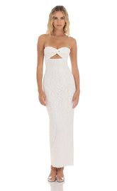 Strapless Textured Floral Twist Maxi Dress in White