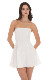 Eyelet Floral Strapless Dress in White