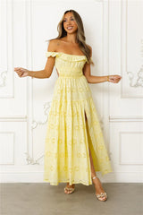 Secrets You Keep Off Shoulder Embroidered Maxi Dress Yellow