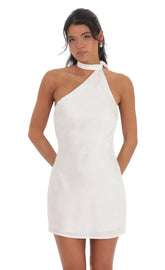 Satin Jacquard Scarf Halter Dress in White