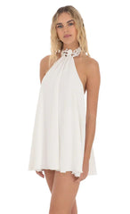 Embroidered Mock Neck Dress in White
