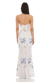 Floral Back Bow Strapless Maxi Dress in White