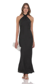 Satin Cross Halter Maxi Dress in Black