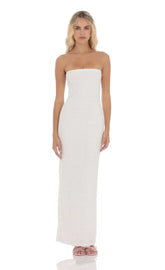 Strapless Ruffle Maxi Dress in White