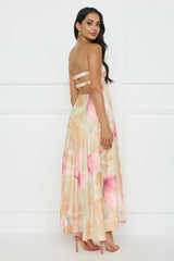 Sea Goddess Strapless Satin Maxi Dress Print