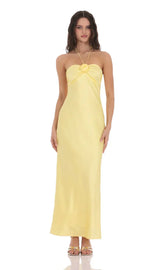 Satin Halter Flower Maxi Dress in Yellow