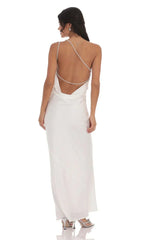 One Shoulder Pearl Satin Maxi Dress in White