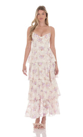 Floral Ruffle A-line Maxi Dress in Cream