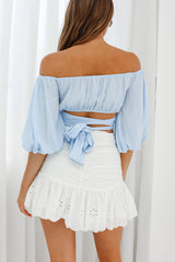 Linka Off-Shoulder Half Sleeve Tie-Back Crop Top Steel Blue