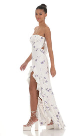 Floral Strapless Back Bow Corset Maxi Dress in White
