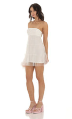 Tulle Shimmer Babydoll Dress in White