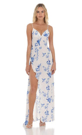 Floral Ruffle Slit Maxi Dress in White