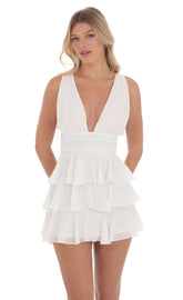 Plunge Neck Ruffle Dress in White