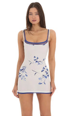 Double Strap Mesh Floral Bodycon Dress in White