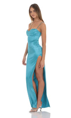 Satin Corset Maxi Dress in Blue