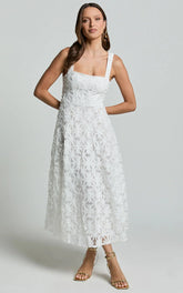 Clarissa Midi Dress - Square Neck Open Back A Line Dress in White