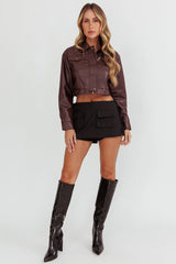 Navigator Snap Button Faux Leather Jacket Brown