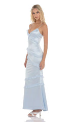 Satin V-Neck Ruffle Mermaid Maxi Dress in Light Blue