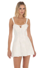 Textured Floral Triple Ties Dress in White