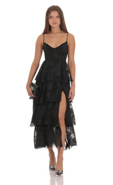 Floral Ruffle A-line Maxi Dress in Black