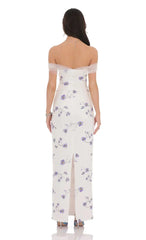 Tulle Off Shoulder Floral Maxi Dress in White
