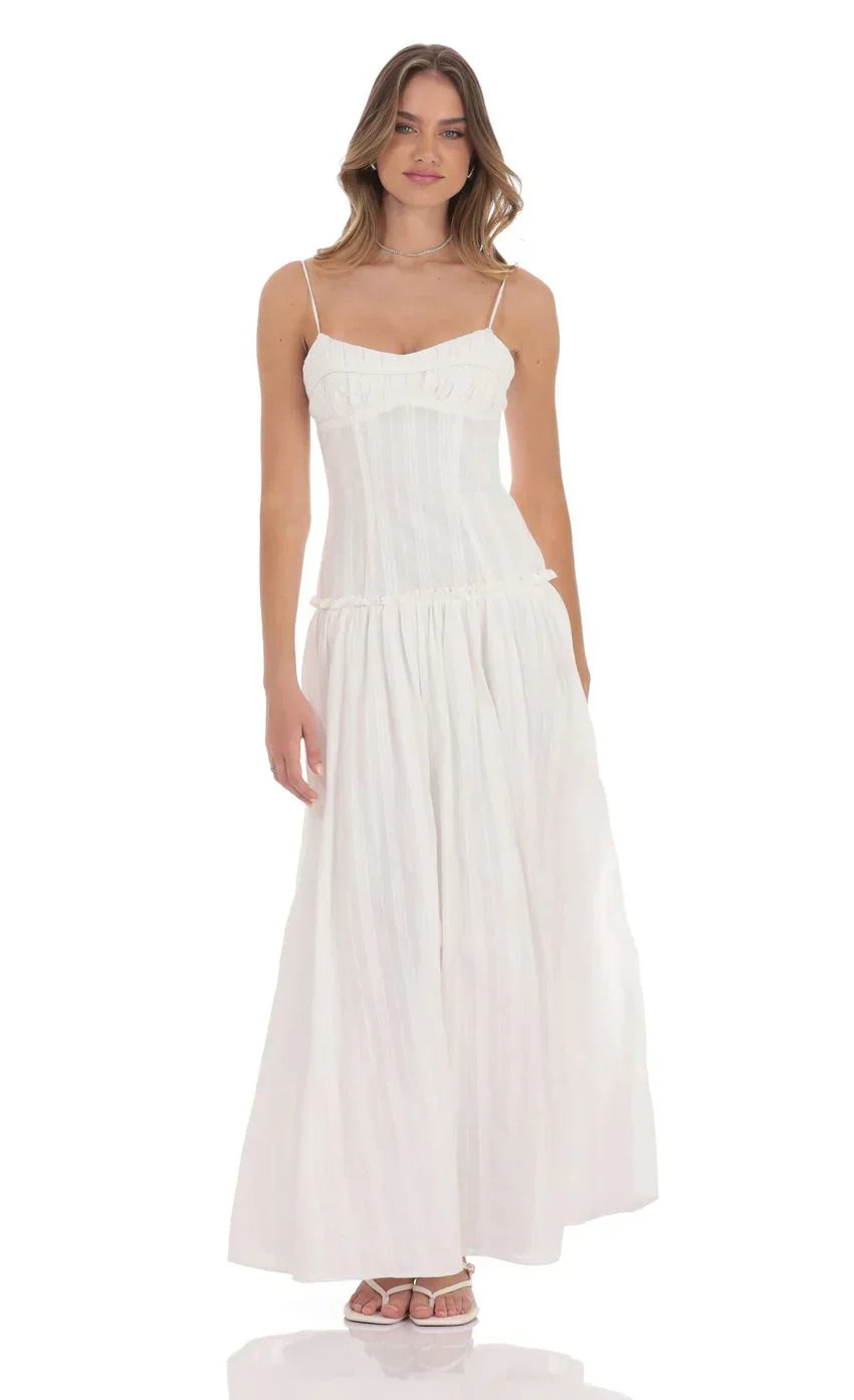 Embroidered Striped Maxi Dress in White