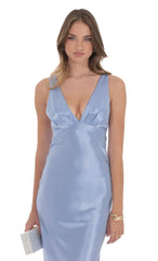 Satin V-Neck Maxi Dress in Sky Blue