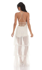 Ruffle Tulle Maxi Dress in Ivory