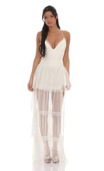 Ruffle Tulle Maxi Dress in Ivory