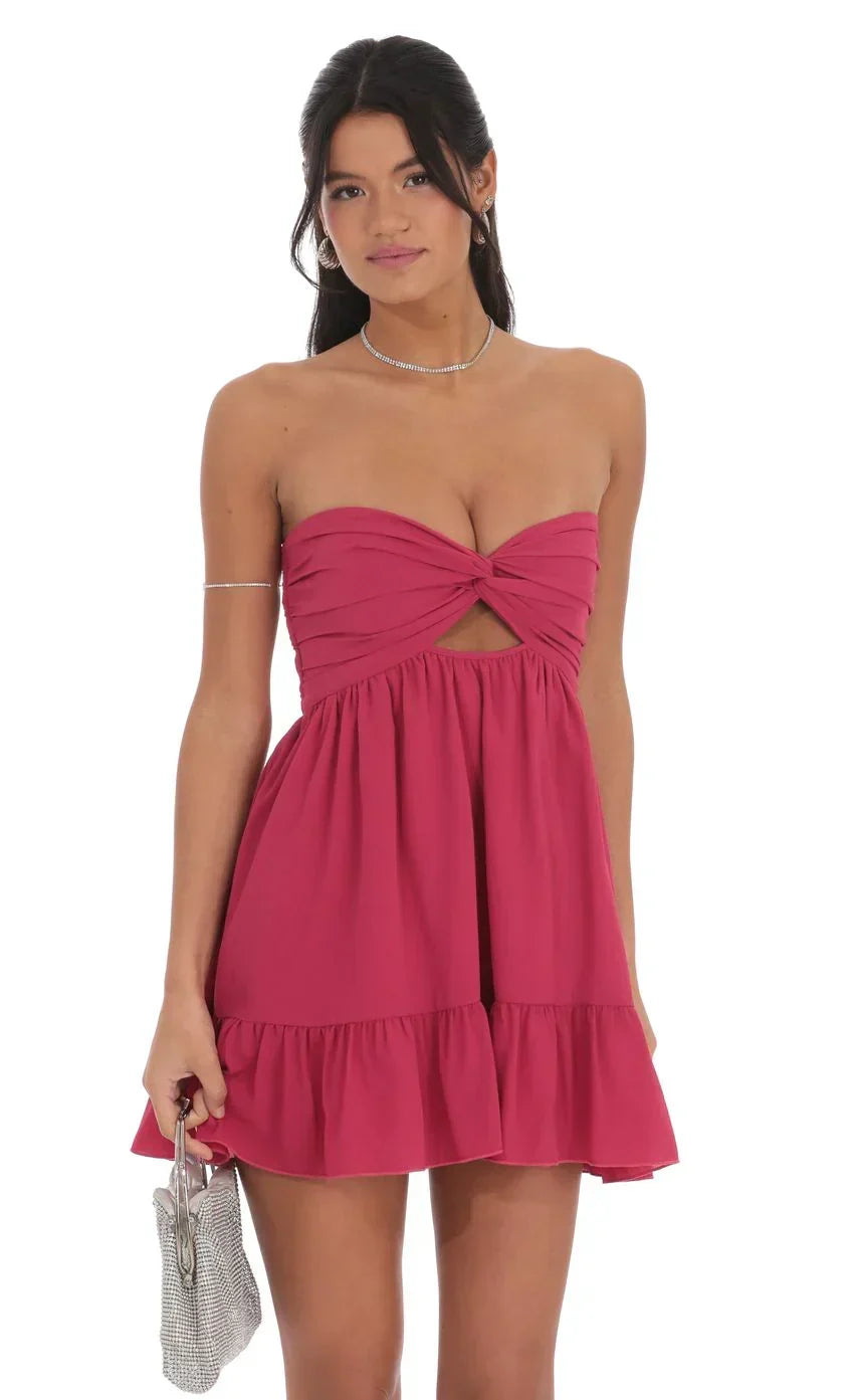 Cutout Strapless Babydoll Dress in Magenta