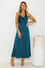 Night's Allure Satin Halter Maxi Dress Teal
