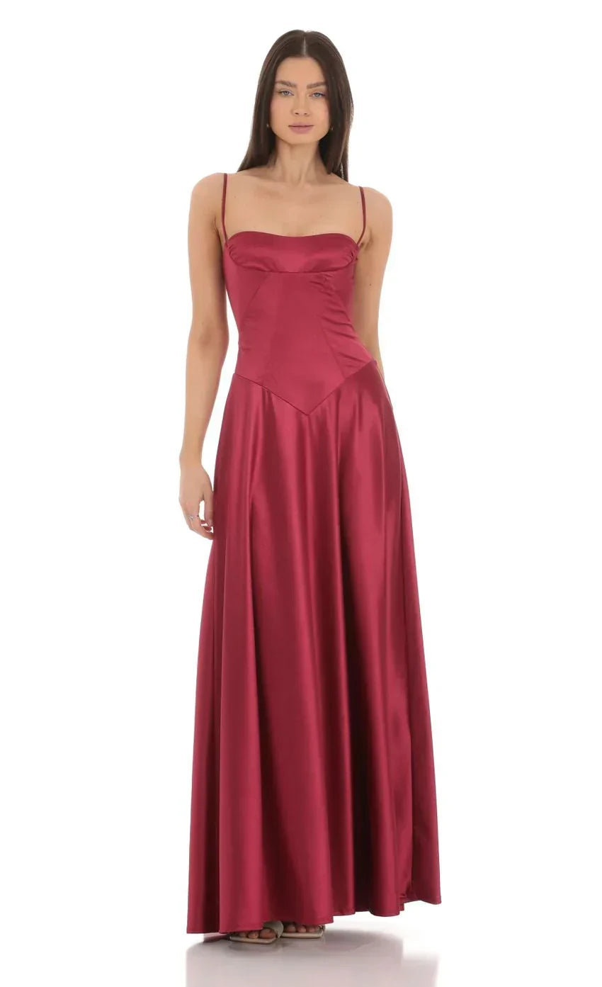 Satin Square Neck Maxi Dress in Maroon