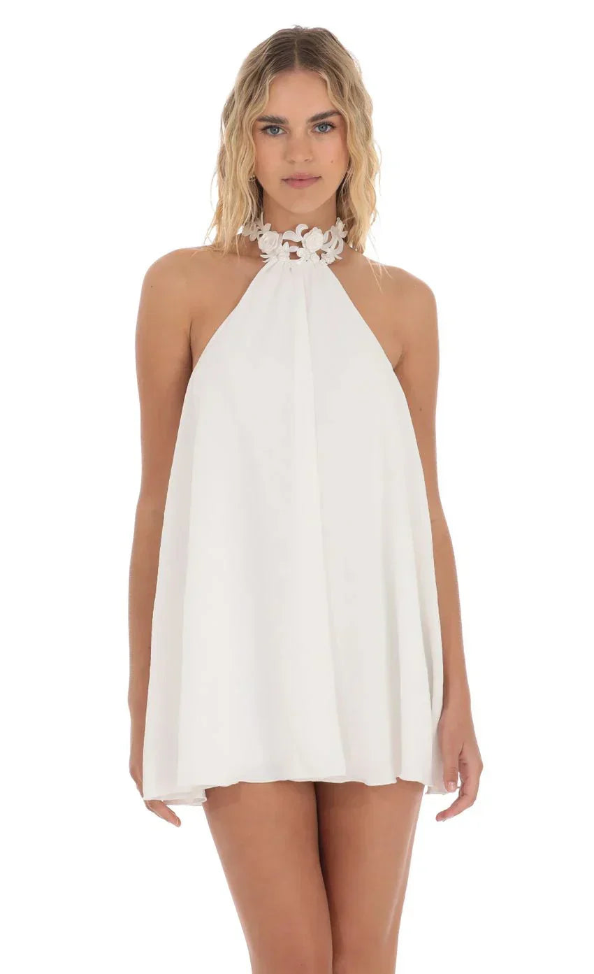 Embroidered Mock Neck Dress in White