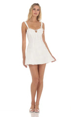 Textured Floral Triple Ties Dress in White
