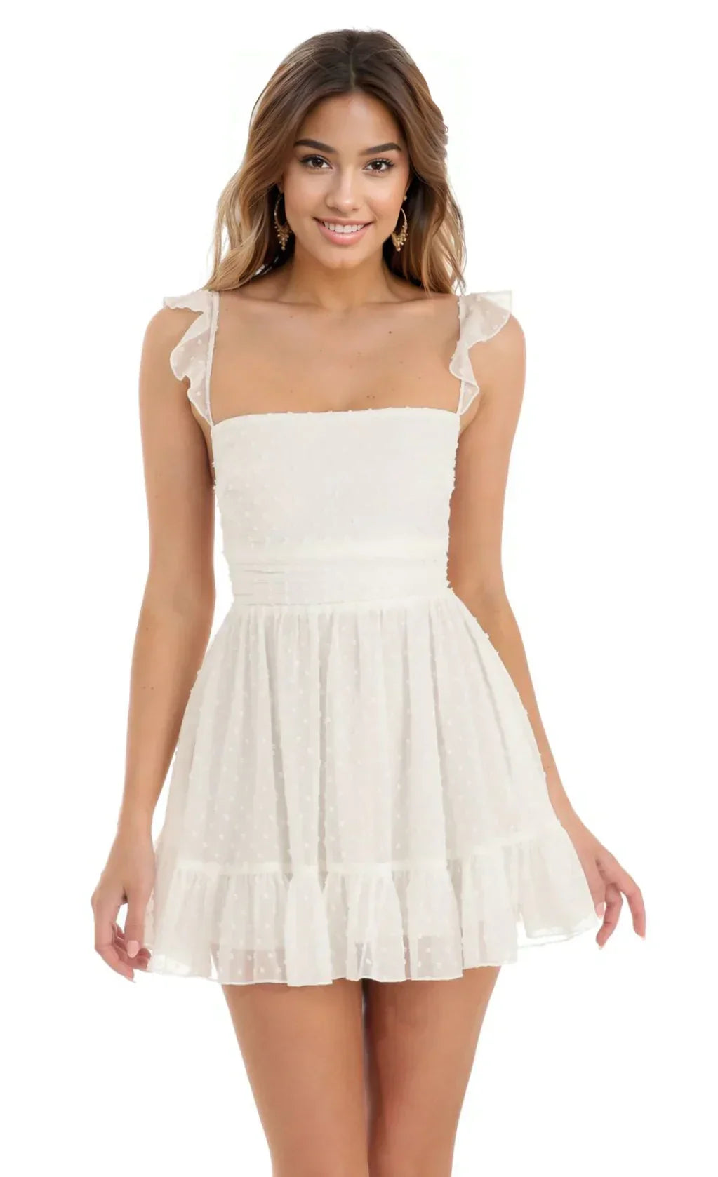 Dotted Chiffon Fit and Flare Dress in White