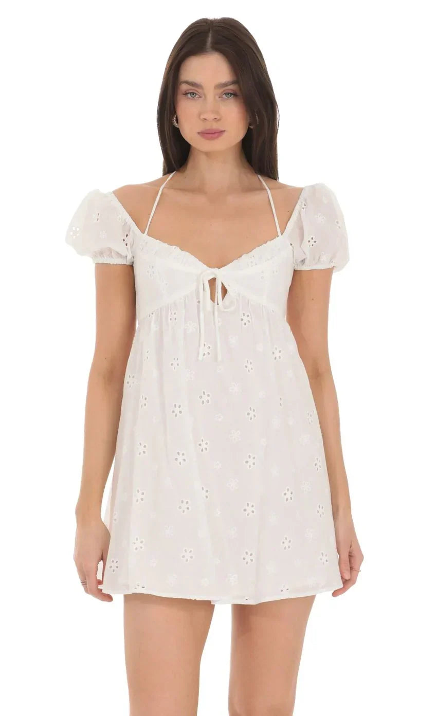 Eyelet Puff Sleeve Babydoll Dress in White