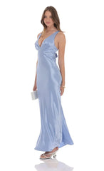 Satin V-Neck Maxi Dress in Sky Blue