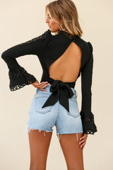 Jules Long Sleeve Flared Cuff Backless Top Black
