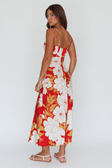 Infinity Pintuck Bust Midi Dress Flower Red