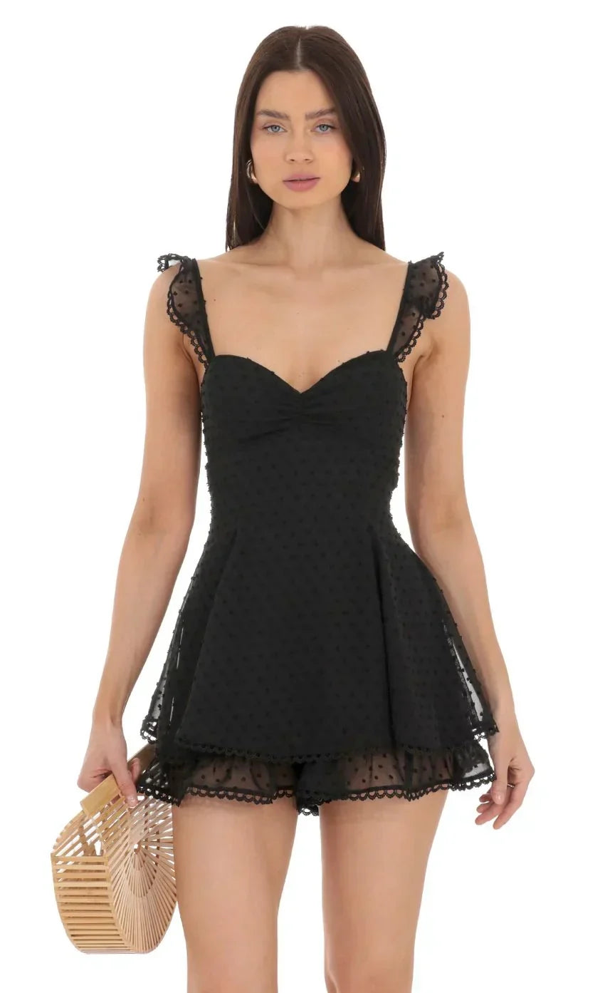 Dotted Sweetheart Neck Romper in Black