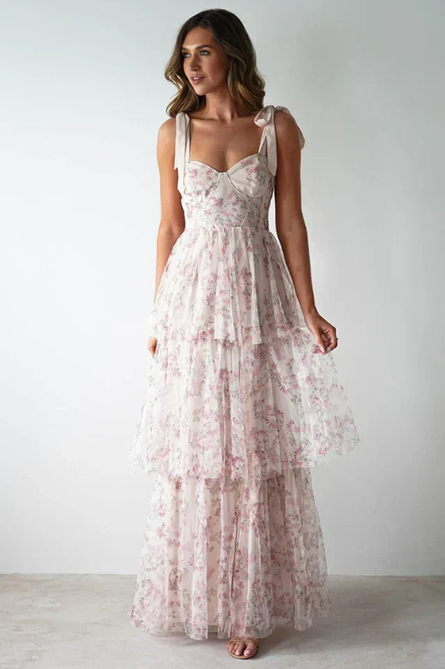 Tie Up Floral Print Tiered Maxi Dress