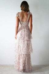 Tie Up Floral Print Tiered Maxi Dress