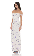 Tulle Off Shoulder Floral Maxi Dress in White