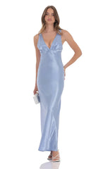 Satin V-Neck Maxi Dress in Sky Blue