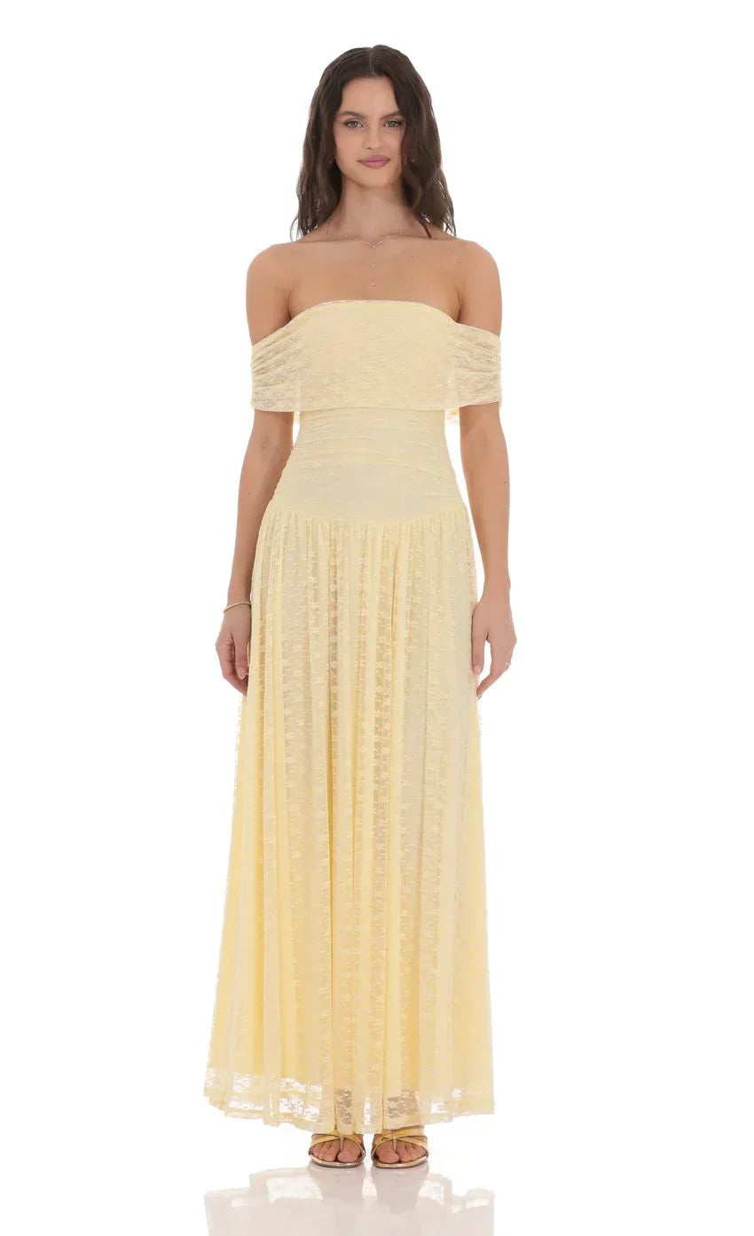 Lace Off Shoulder Maxi Dress in Yellow