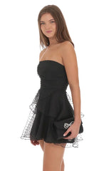 Dotted Petal Ruffle Strapless Dress in Black
